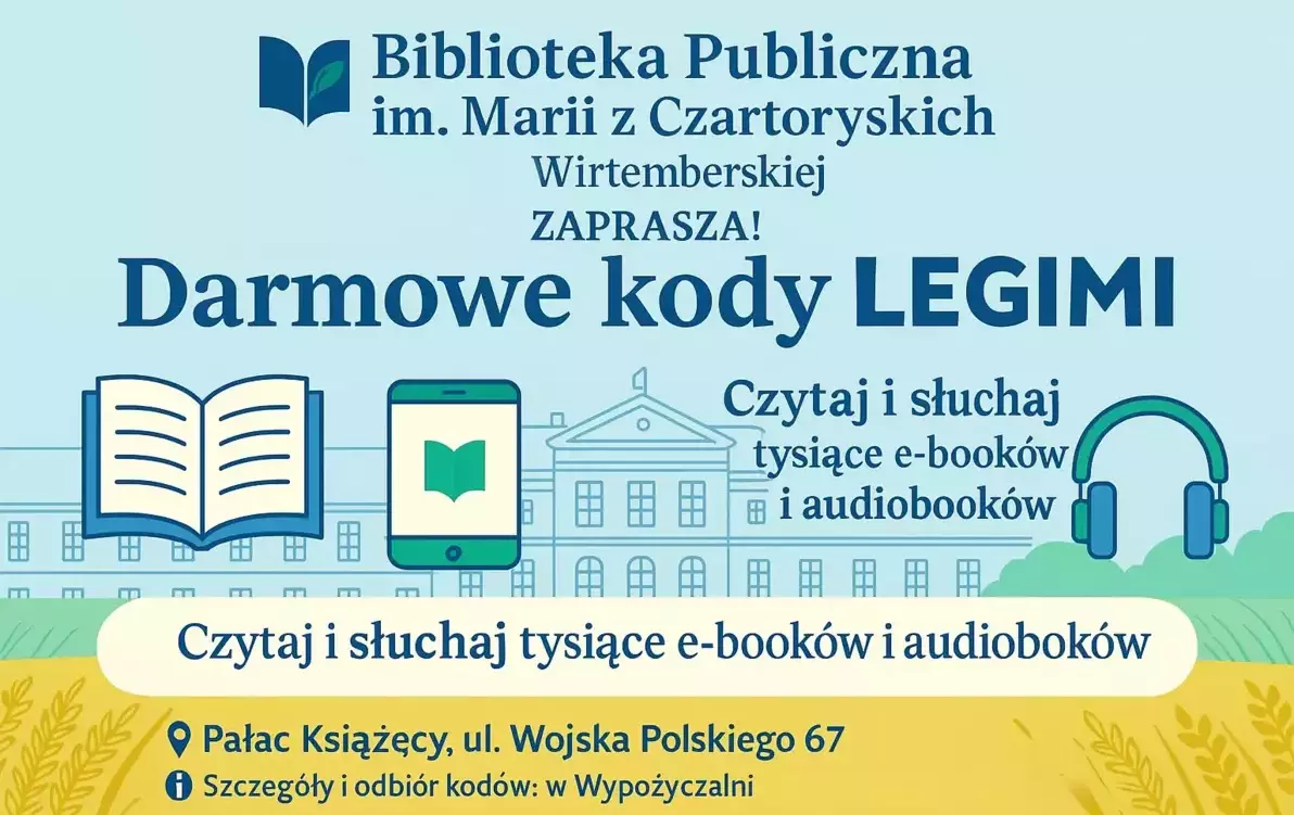 Zdjęcie do  Mamy dla Was **bezpłatne kody LEGIMI** Biblioteka Publiczna im. Marii z Czartoryskich Wirtemberskiej w Trzebiatowie